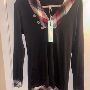 Black Button Down Shirt with Plaid Accents